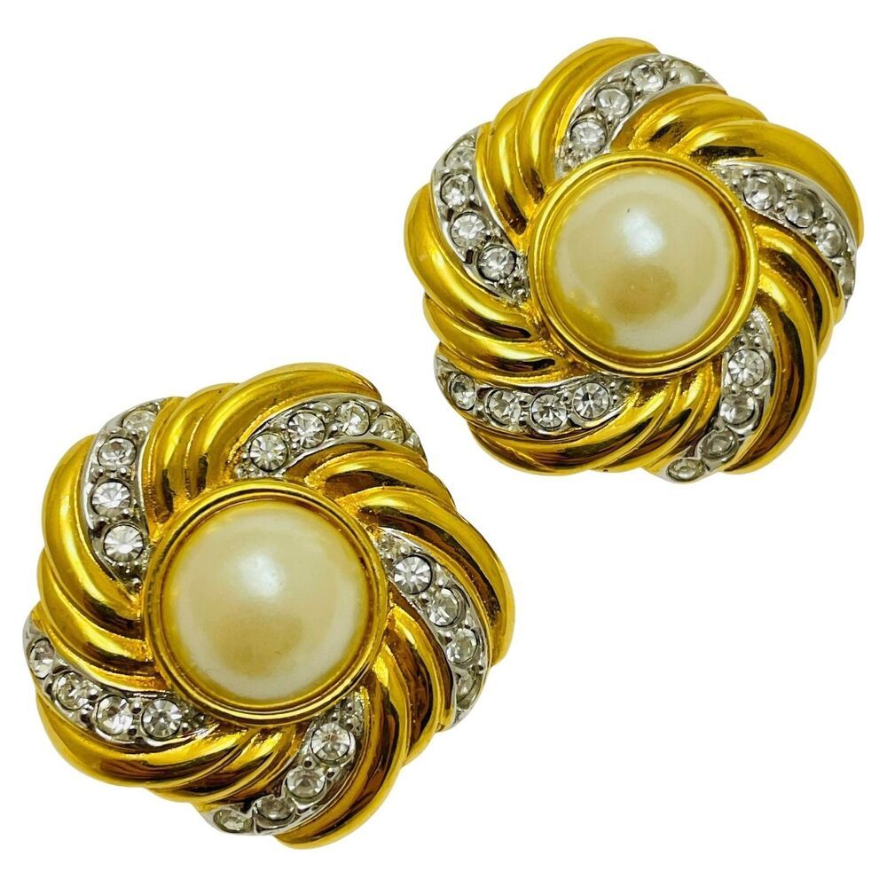 Vintage gold tone rhinestone designer runway clip on earrings